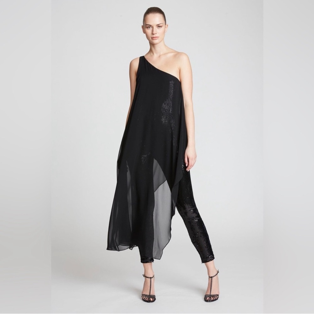 HALSTON one-shoulder black sequined jumpsuit Size 4